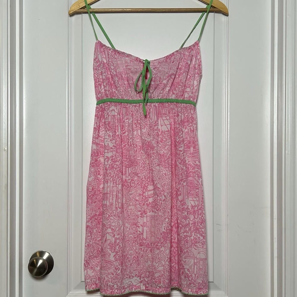 Lilly Pulitzer Jubilee Collection 100% Cotton Pink Green Babydoll Mini Dress